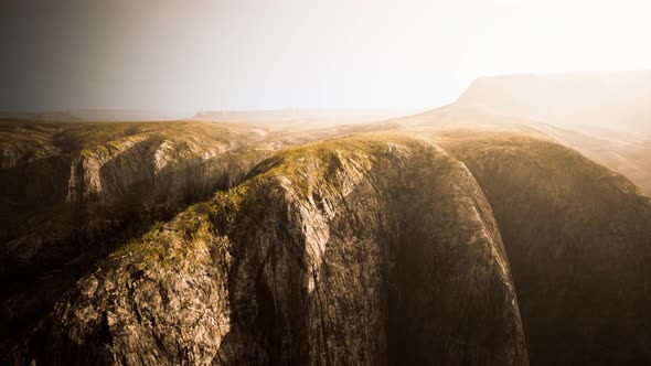 Dry Yellow Grass on the Rocky Mountain with Heavy Fog