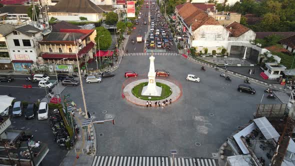 Aerial view of Tugu Yogyakarta Landmark with busy traffic.