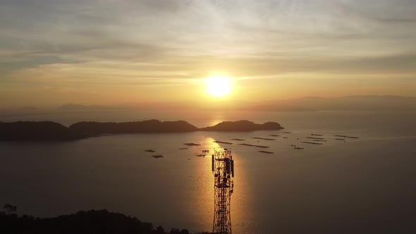 Aerial view fly away telecommunication tower