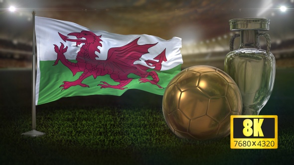 8K Wales Flag with Football And Cup Background Loop