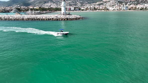 Boat calls at the port aerial view 4 K