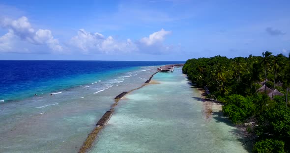 Natural drone tourism shot of a white sand paradise beach and blue ocean background 