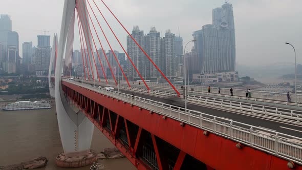 Chongqing City River Cityscape with Bridges Aerial China Timelapse Pan Up