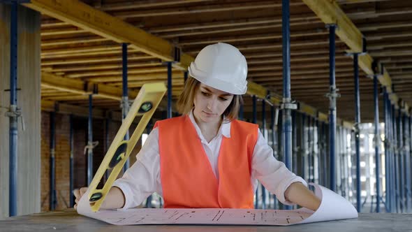 Architect or engineer working, browsing building project indoor of construction site