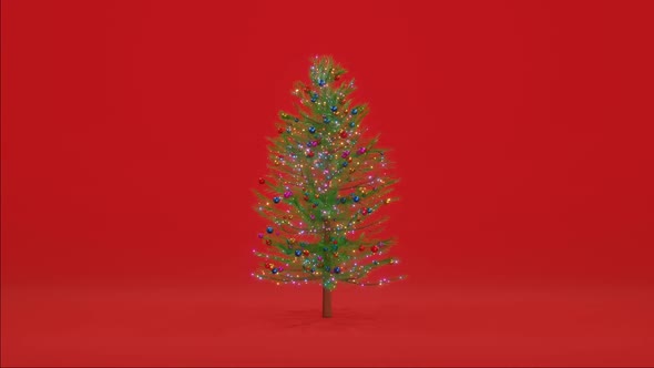 HD 3D animation. Christmas tree on red background. Colorful toy balls, glowing decoration, garland