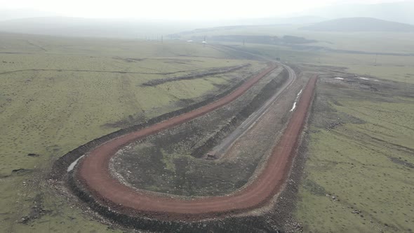 Moving along railroad tracks. Aerial view of Railroad emergency stop track in Trialeti, Georgia