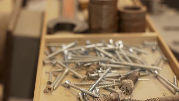 Wood Screws and Tools in Box at Workshop 20