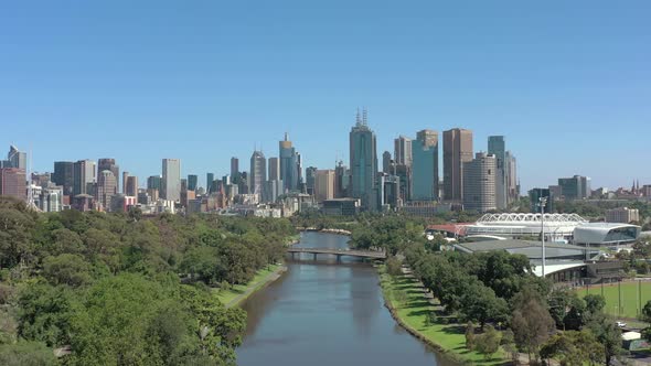 Melbourne City Australia and Yarra River Aerial Reveal