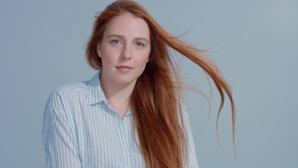 Gingerhead Red Hair, Ginger Hair Model with Blue Eyes on Blue Background