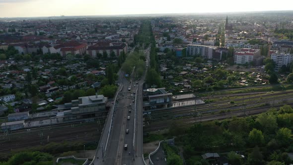 Late Afternoon Aerial Orbit Shot Around Bosebrucke Bridge Spanning Over Multi Track Railway Line