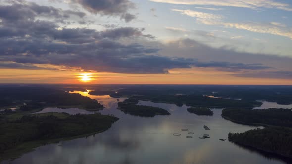 Lake Ladoga at Sunset. Lekhmalakhti Bay. Aerial Hyper Lapse, Time Lapse