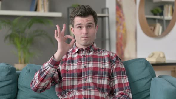 Portrait of Man Showing OK Sign While Sitting on Sofa