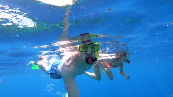 Couple diving and snorkeling together in tropical ocean water