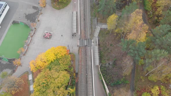 Empty Bergsjon Tram Stop Gothenburg Suburb Autumn Foliage Scene Aerial