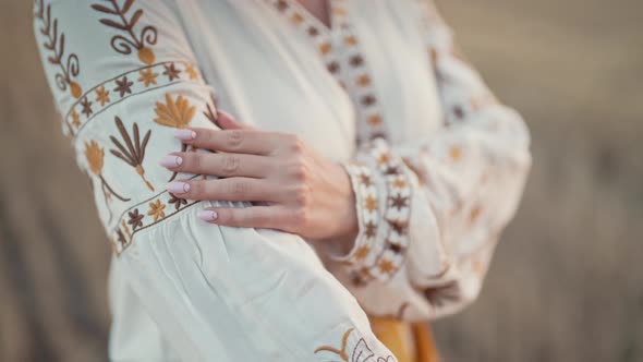 Ukrainian Woman Showing Embroidery Ornament Beautiful Details of Vyshyvanka Shirt