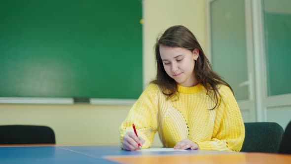 Thoughtful school girl writing at school