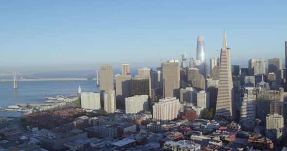 Aerial Panning Shot of Downtown San Francisco and Bay Bridge