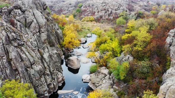 A Picturesque Stream Flows in the Aktovsky Canyon, Surrounded By Autumn Trees and Large Stone