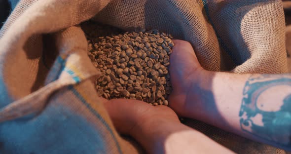 Roasted Coffee Beans Fly and Spin on a Black Background in Slow Motion