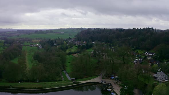 Beautiful aerial view, footage by Rudyard Lake in the Derbyshire Peak District National Park, popula