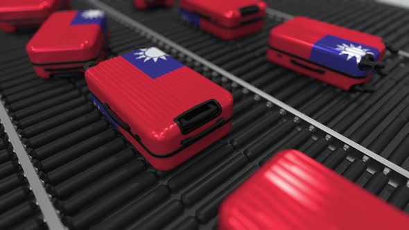 Many Suitcases with Flag of Taiwan on Roller Conveyer. Taiwanese Tourism Conceptual Animation