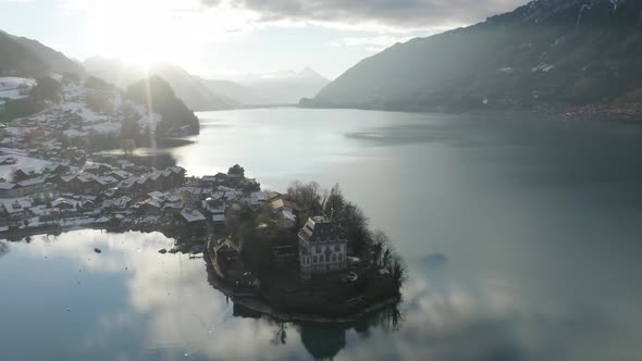 Aerial view of Iseltwald along Brienzersee lake in wintertime, Bern, Switzerland.