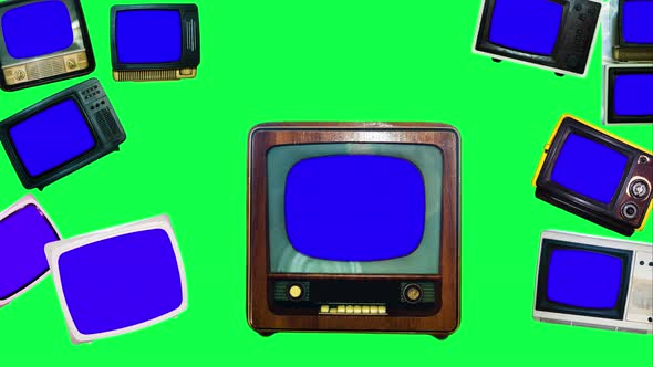 Vintage TV With Blue Displays On A Green Chroma Key Background. Old Tv