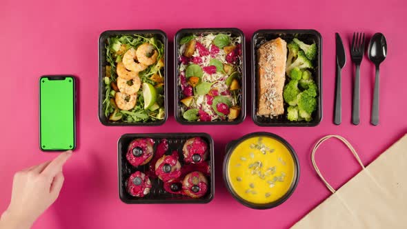 Food Delivery Top View Take Away Meals in Disposable Containers on Pink Background