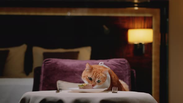 Red cat with waiter in hotel room in the evening