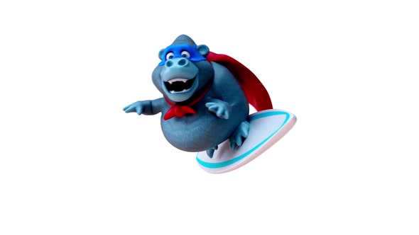 Fun 3D cartoon gorilla surfing