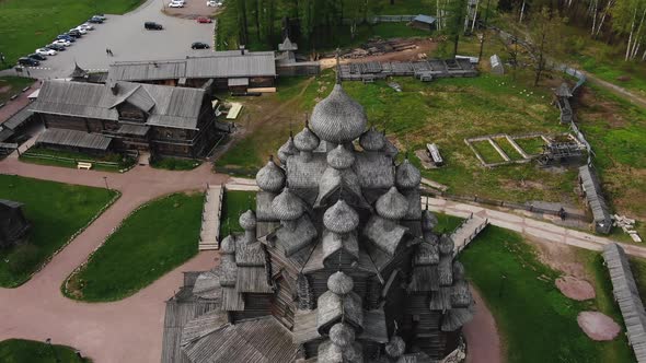 Crosses on Large Domes of Wooden Temple Built in Forest