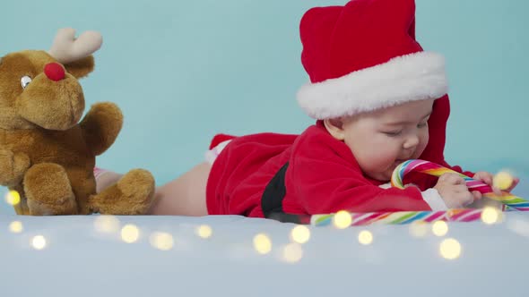 Merry Xmas Happy New Year Infants Childhood Holidays Concept Closeup Smiling Funny Newborn Baby in