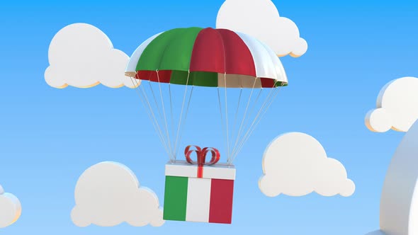 Carton with Flag of Italy Falls with a Parachute