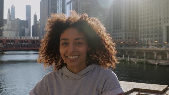 Portrait of an African American woman getting ready to workout in Chicago