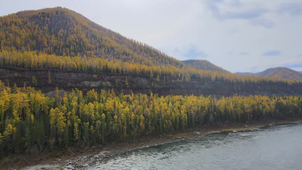 Panorama of Mountains Overgrown with Forest Autumn Mountain River Plateau Cloudy Steep Rocks