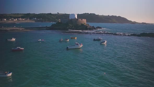 Aerial drone view of Fort Grey in Guernsey, Channel Islands, UK