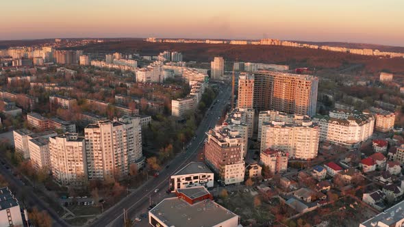 Establishing Alow Push Aerial Shot of Chisinau Moldova at Sunset