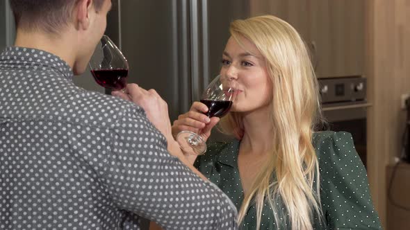 Gorgeous Happy Woman Drinking Wine at Home with Her Boyfriend