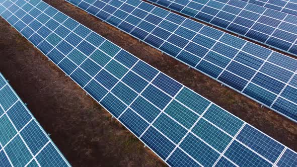 Aerial Drone View Solar Panels on Sunny Day Closeup