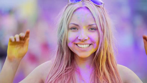 Cheerful Young Woman Smiling to Camera, Putting Sunglasses On, Happy Person