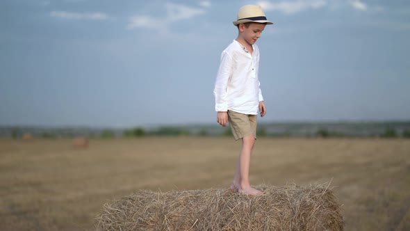 The Boy Climbed on a Haystack and Has Fun