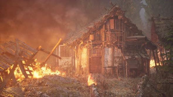 Burning Wooden House in Old Village