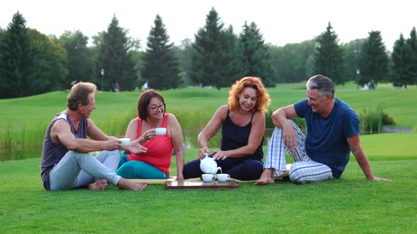 Group of Cheerful Friends Drinking Tea Outdoors