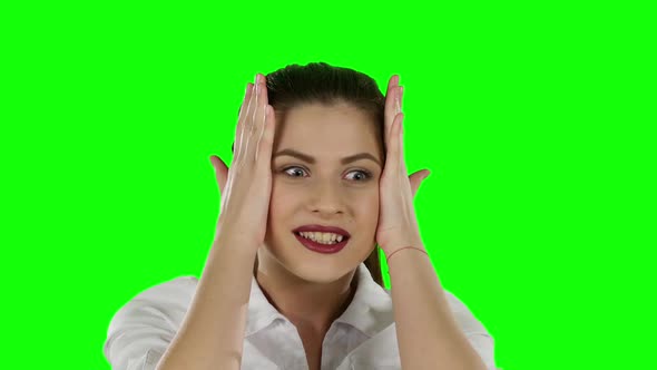 Surprised Excited Smile Business Woman Wear White Suit. Green Screen