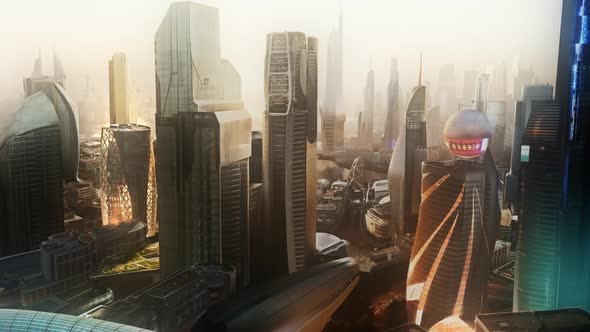 Aerial view of the futuristic cityscape. Metropolis is full of skyscrapers.