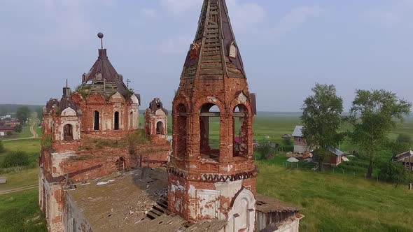 Aerial view of Old ruined abandoned church in a village 09