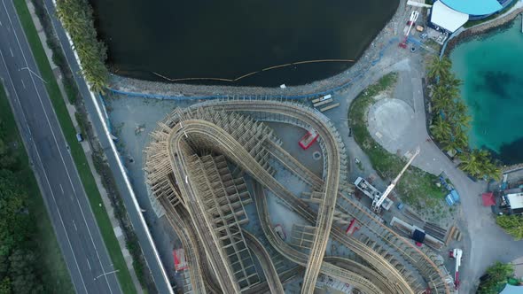 Vertical of rollercoaster construction, rising  to Seaworld theme park , sunrise dramatic