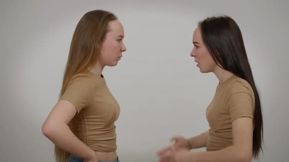 Side View Furious Angry Twin Sisters Yelling Shouting Gesturing Arguing at Grey Background