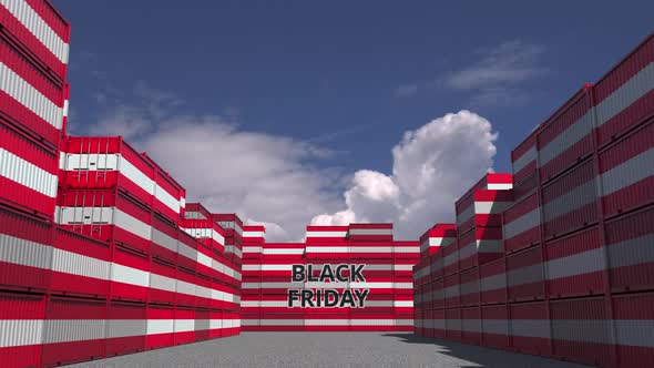 Cargo Containers with BLACK FRIDAY Text and Flags of Austria