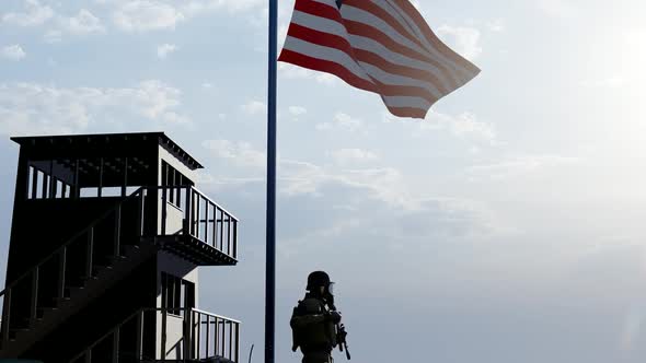 Soldier Guarding the Border Under the American Flag